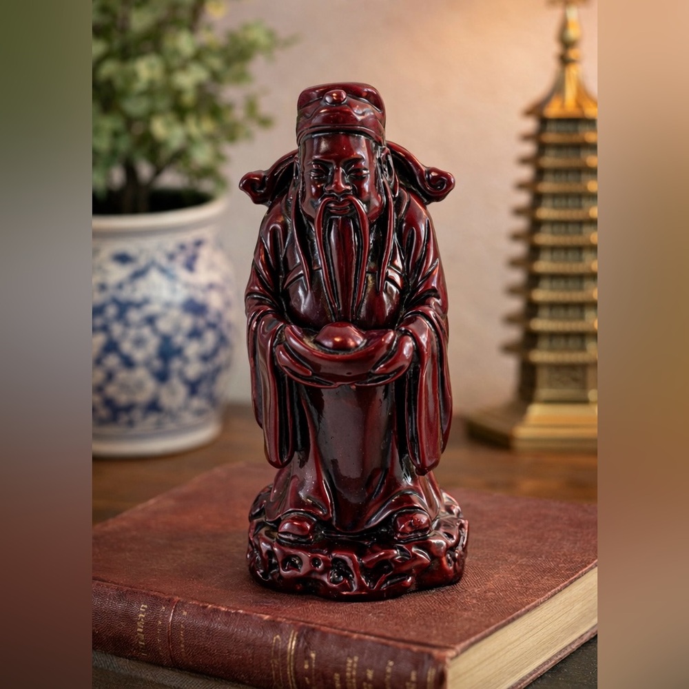Vintage Chinese Shou Xing Longevity God Figurine Red Resin Statue 4.5”